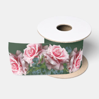 Pink Roses Wide Wedding Dark Green Ribbon Satin Ribbon