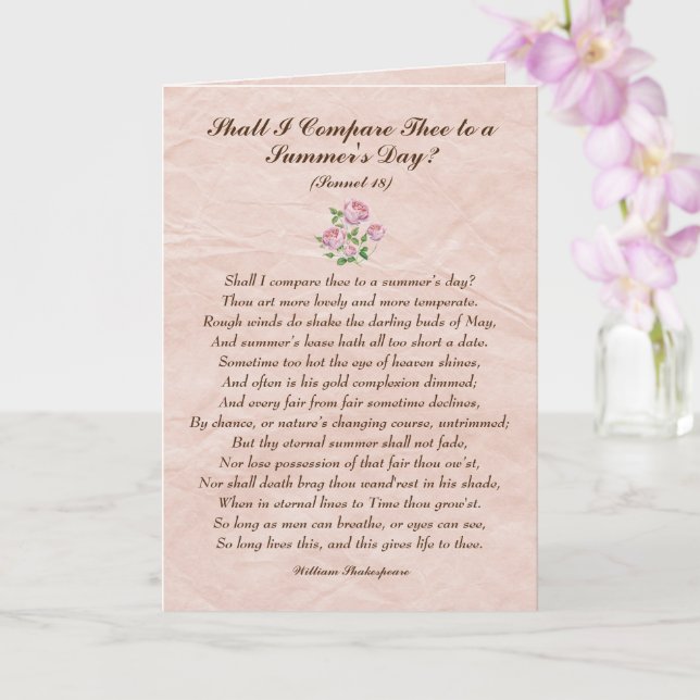 Pink Roses, William Shakespeare Love Poem Card (Orchid)