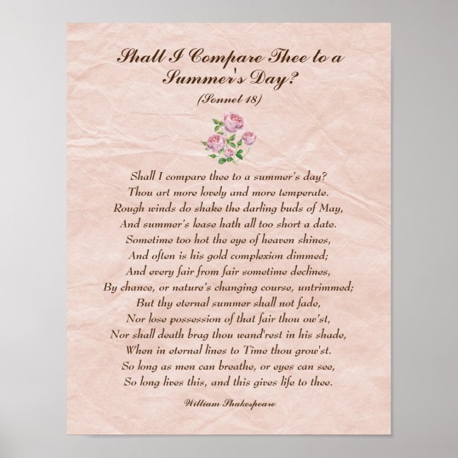 Pink Roses, William Shakespeare Love Poem Poster (Front)