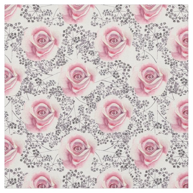 Pink Roses with Black and White Floral Background  Fabric (Close Up)