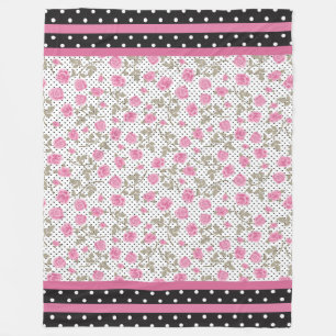 Pink Roses with Black Polka Dots Fleece Blanket