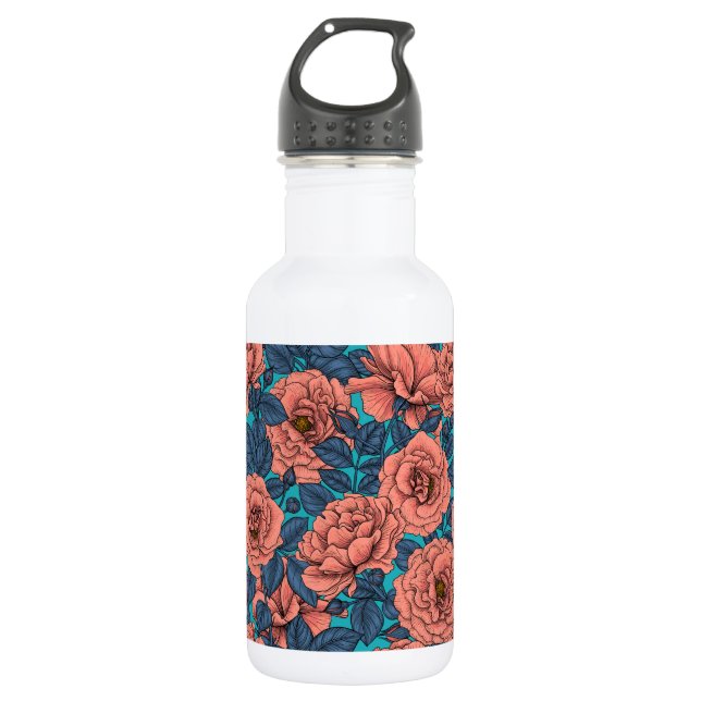 Pink roses with blue leaves on blue 532 ml water bottle (Front)