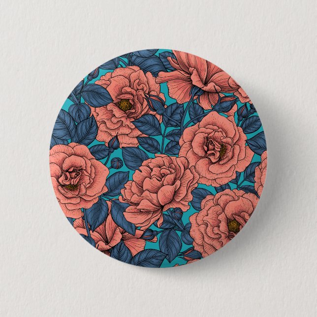 Pink roses with blue leaves on blue 6 cm round badge (Front)