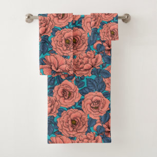 Pink roses with blue leaves on blue bath towel set