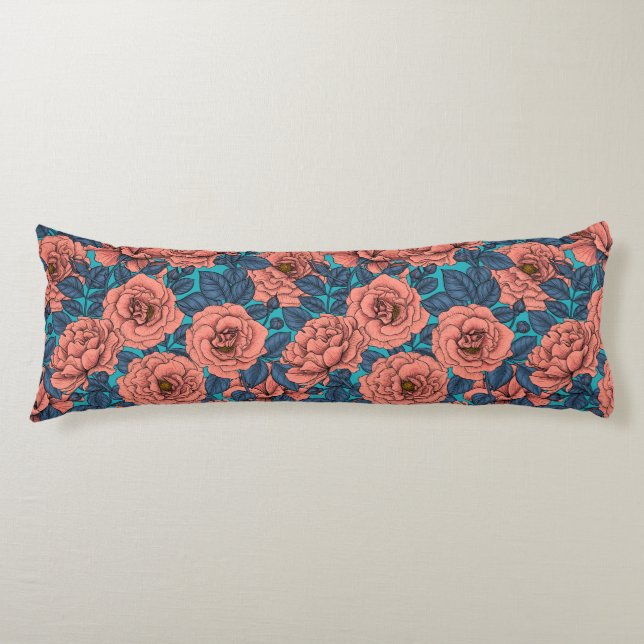 Pink roses with blue leaves on blue body cushion (Front)