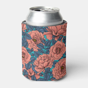 Pink roses with blue leaves on blue can cooler