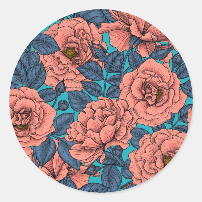 Pink roses with blue leaves on blue classic round sticker (Front)