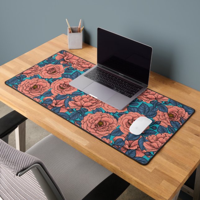 Pink roses with blue leaves on blue desk mat (Office 2)