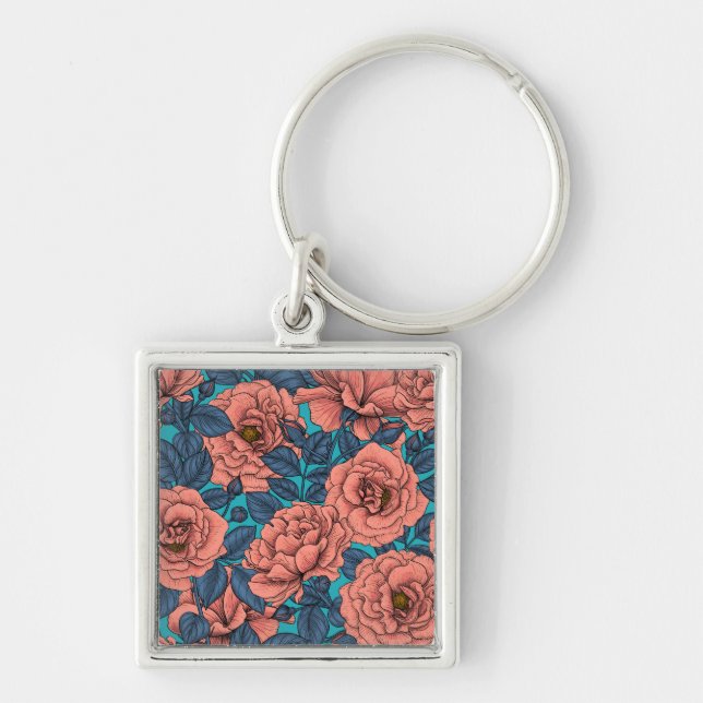 Pink roses with blue leaves on blue key ring (Front)