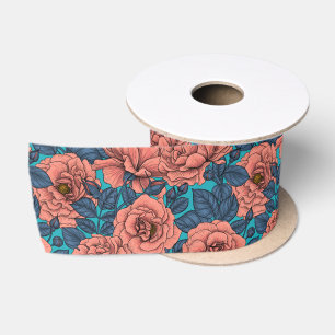 Pink roses with blue leaves on blue satin ribbon