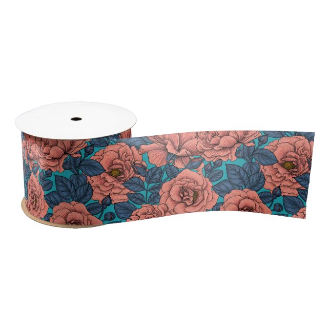 Pink roses with blue leaves on blue satin ribbon (Spool)
