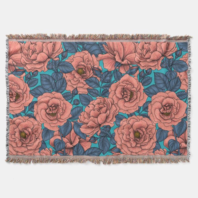 Pink roses with blue leaves on blue throw blanket (Front)