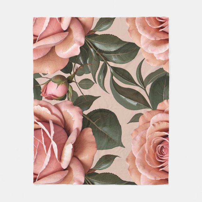 Pink Roses With Brushstroke Leaves  Fleece Blanket (Front)