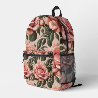 Pink Roses With Brushstroke Leaves  Printed Backpack