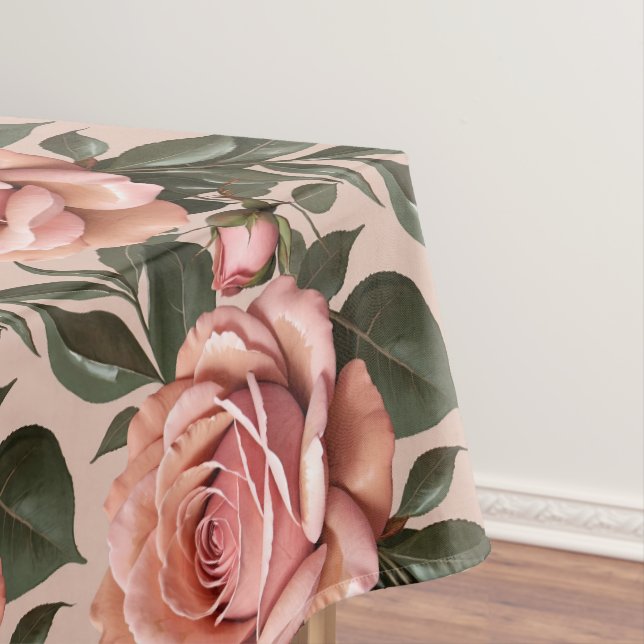 Pink Roses With Brushstroke Leaves  Tablecloth (In Situ)
