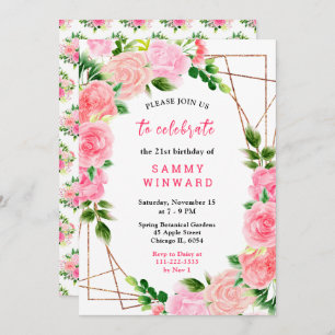 Pink Roses with Foliage Birthday Invitation