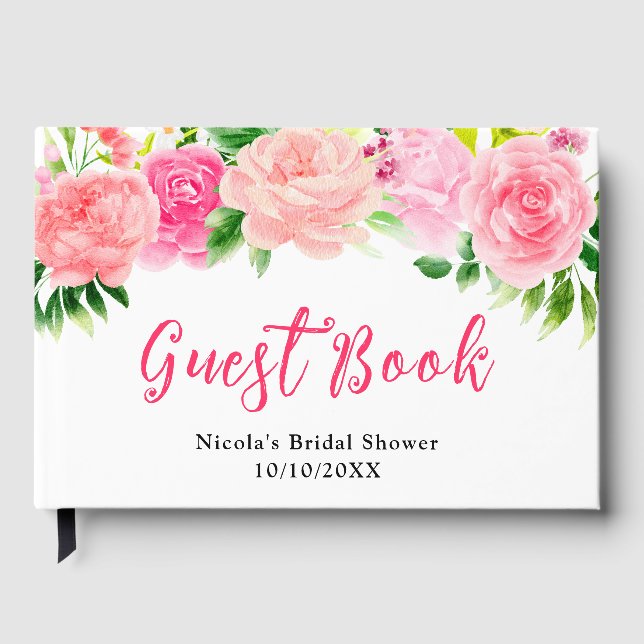 Pink Roses with Foliage Bridal Shower Guest Book (Front)