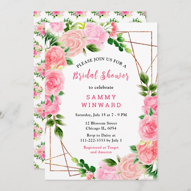 Pink Roses with Foliage Bridal Shower Invitation (Front/Back)