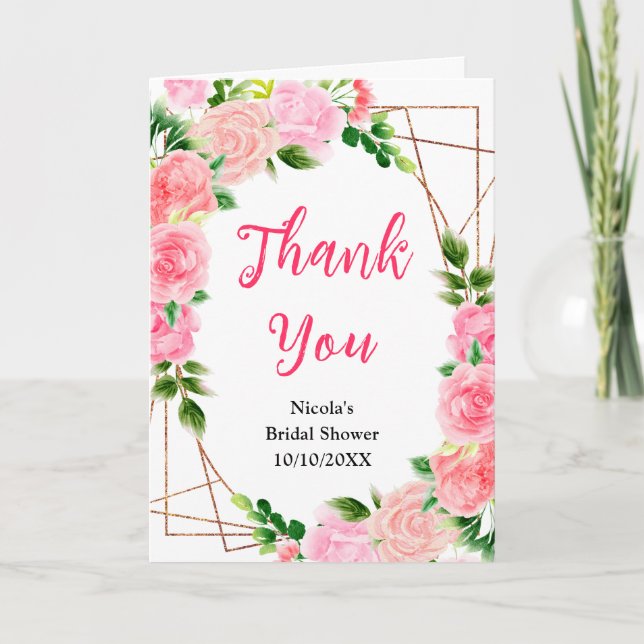Pink Roses with Foliage Bridal Shower Thank You Card (Front)