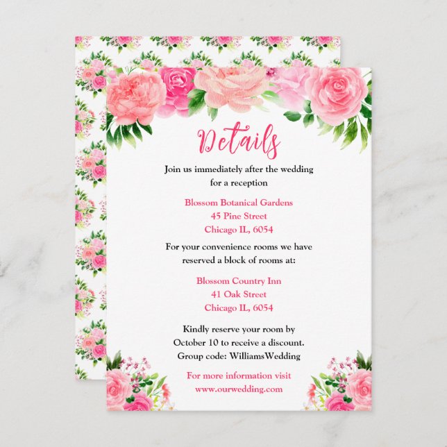Pink Roses with Foliage Wedding Details Enclosure Card (Front/Back)