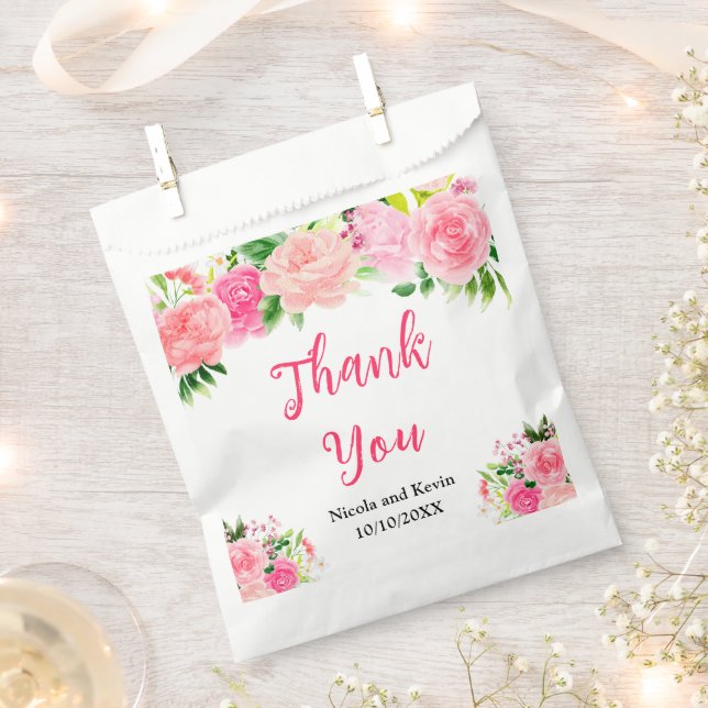 Pink Roses with Foliage Wedding Favour Bags (Clipped)
