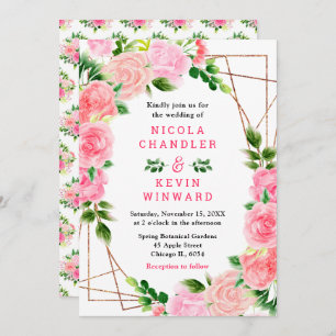 Pink Roses with Foliage Wedding Invitation