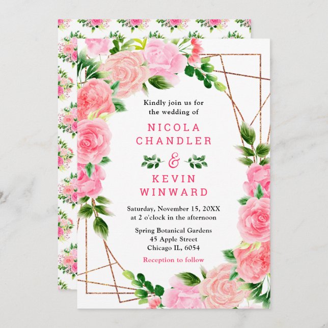 Pink Roses with Foliage Wedding Invitation (Front/Back)