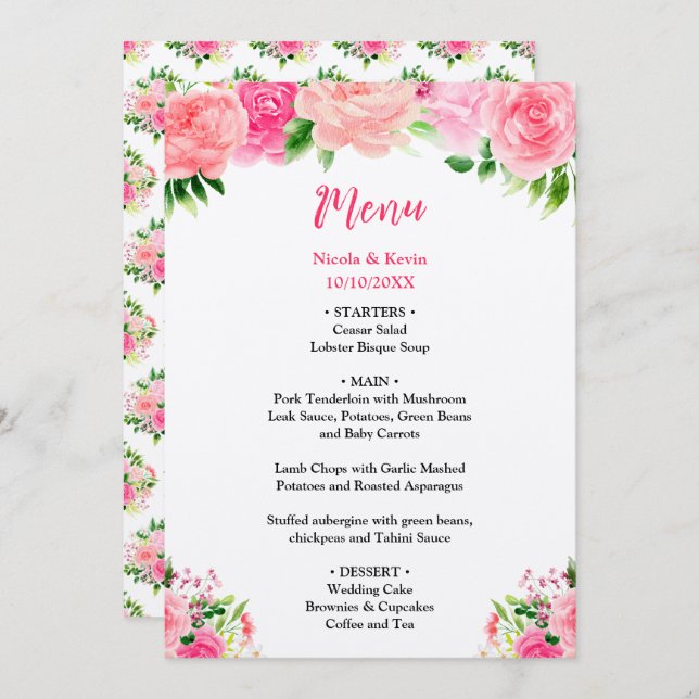 Pink Roses with Foliage Wedding Menu (Front/Back)