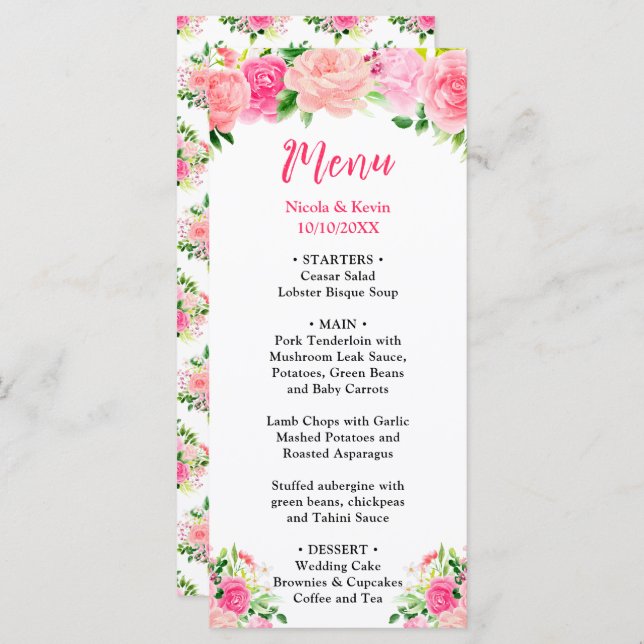 Pink Roses with Foliage Wedding Menu (Front/Back)