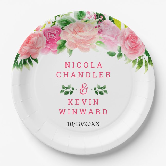 Pink Roses with Foliage Wedding Paper Plate (Front)