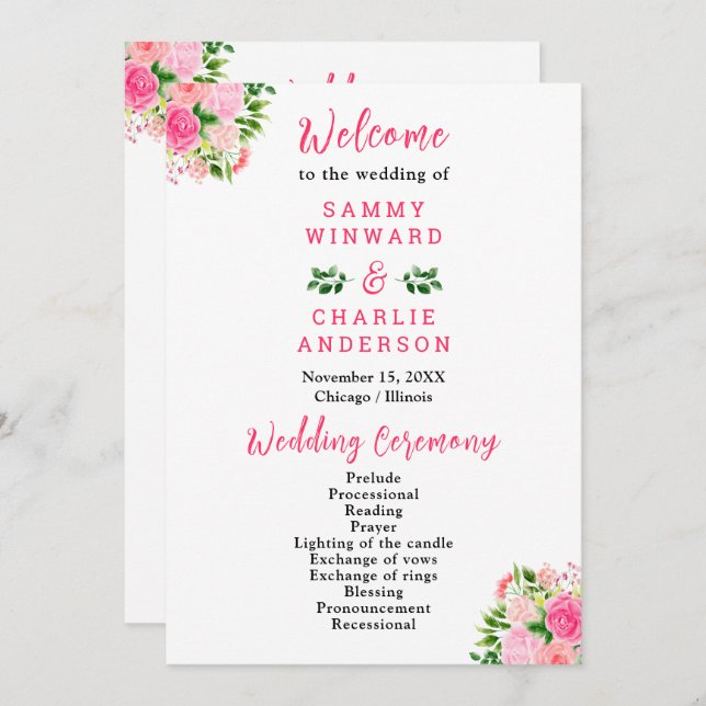 Pink Roses with Foliage Wedding Program Programme (Front/Back)