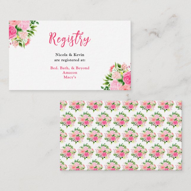 Pink Roses with Foliage Wedding Registry Enclosure Card (Front/Back)