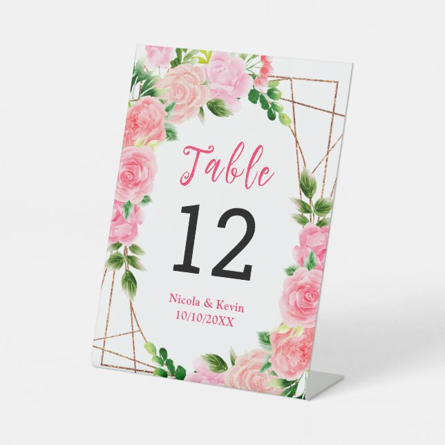 Pink Roses with Foliage Wedding Table Number Pedestal Sign (Front)