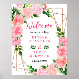 Pink Roses with Foliage Wedding Welcome Sign