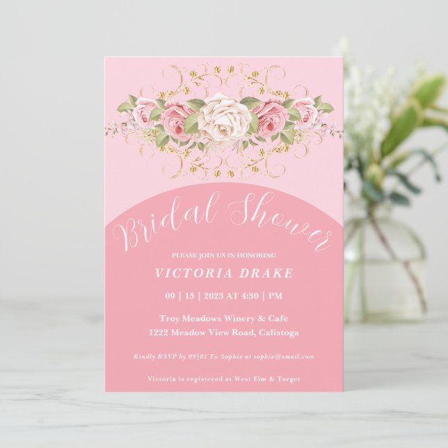 Pink Rose's with Gold Bridal Shower Invitation (Standing Front)