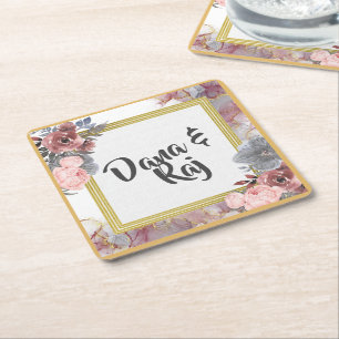 Pink Roses with Grey & Gold Wedding  Square Paper Coaster