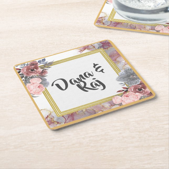 Pink Roses with Grey & Gold Wedding  Square Paper Coaster (Angled)