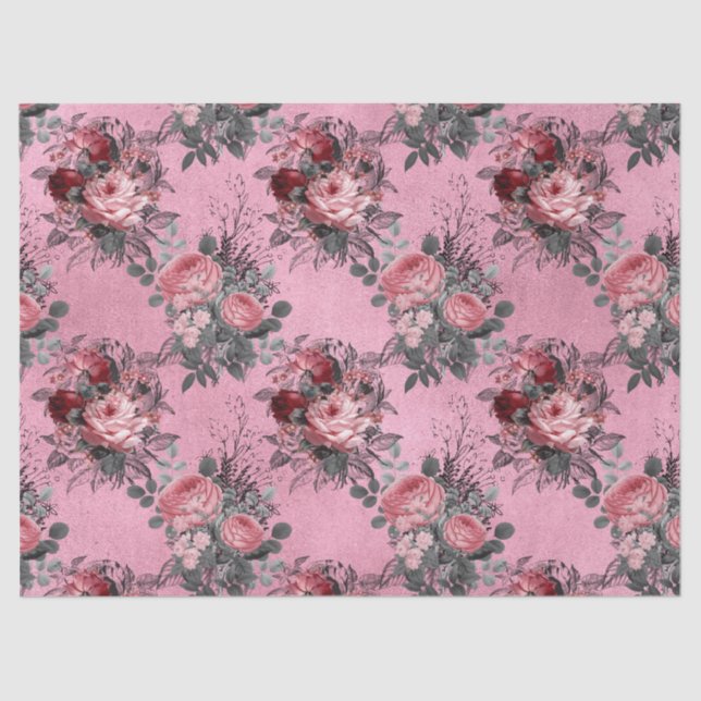 Pink Roses with Grey Leaves on Pink Decoupage Tissue Paper (Front)