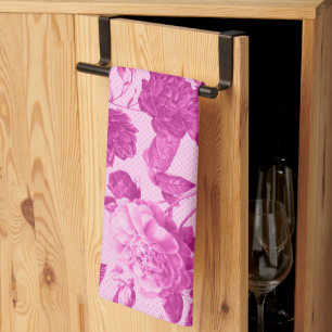 Pink Roses With Leaves Pattern Tea Towel