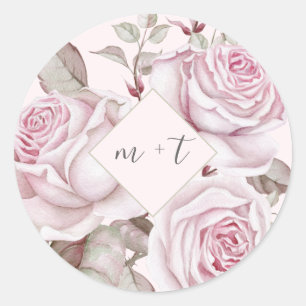 Pink Roses with Monograms Wedding Classic Round Sticker