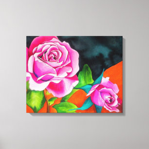 Pink Roses with orange contemporary watercolor art Canvas Print