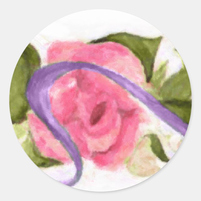 Pink Roses with Purple Ribbon Garland Classic Round Sticker (Front)