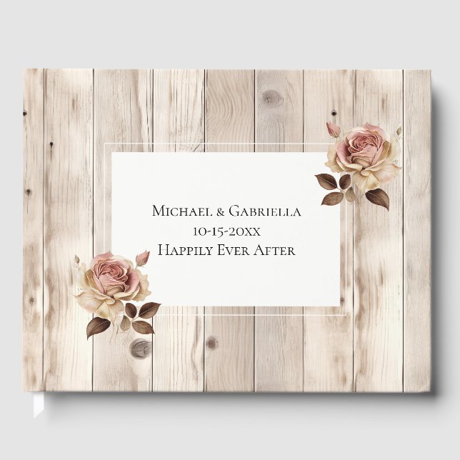 Pink Roses Wood Cream White Wedding Guest Book (Front)