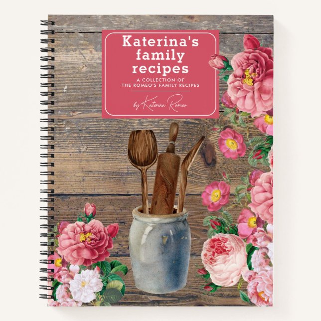 Pink Roses Wood Kitchen Utensils Family Recipe Notebook (Front)