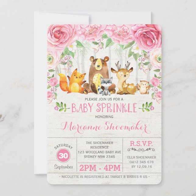 Pink Roses Woodland Girl Baby Sprinkle Invitation (Front)