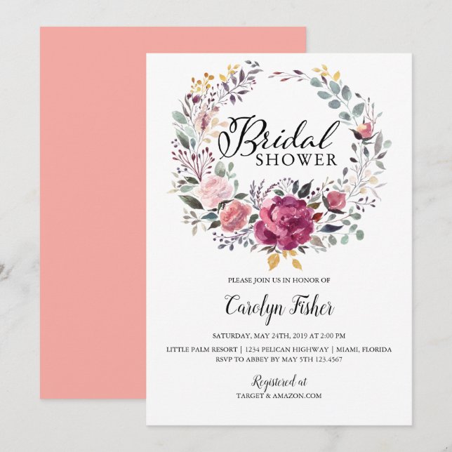 PInk Roses Wreath Bridal Shower Invitation (Front/Back)