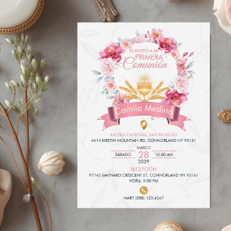 Pink Roses Wreath Chalice First Communion Invitation