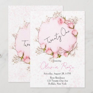Pink Roses Wreath Chic 21st Birthday Party Invitation
