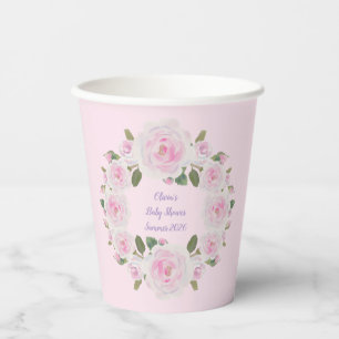 Pink Roses Wreath Name Paper Cups Baby Shower