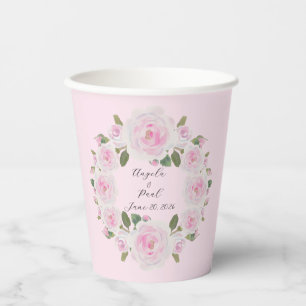 Pink Roses Wreath Name Text Paper Cups Wedding
